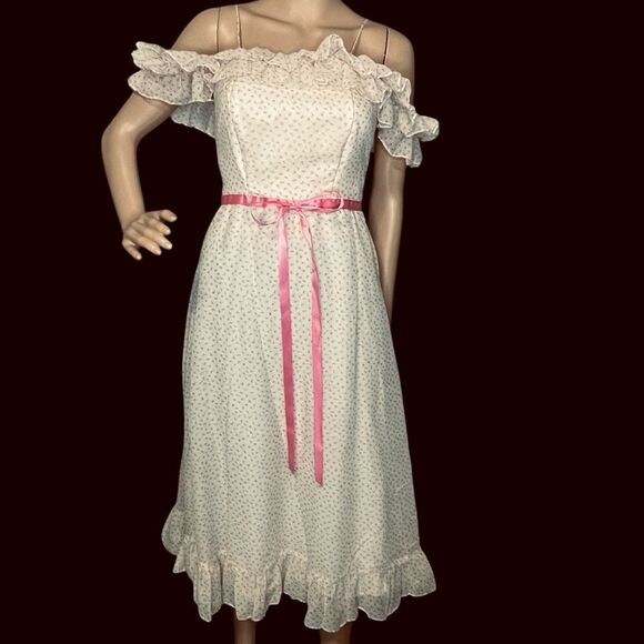 Vintage 70’s JCPenney Midi Floral On / Off Shoulder Dress Ruffles Cream Pink 7/8 - Picture 1 of 14